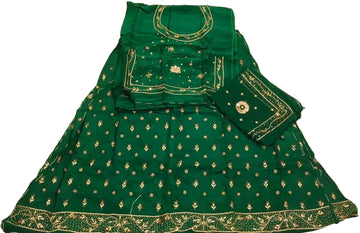 Rajputi Poshak – Ghevar Design Natural Crepe – Emerald Green with Thakhurji Odhni – Ganga Rajputi Poshak, Bikaner