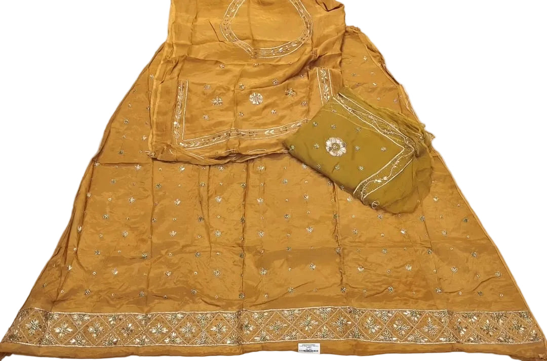 Rajputi Poshak – Ghevar Design Natural Crepe – Mustard Golden with Thakhurji Odhni – Ganga Rajputi Poshak, Bikaner
