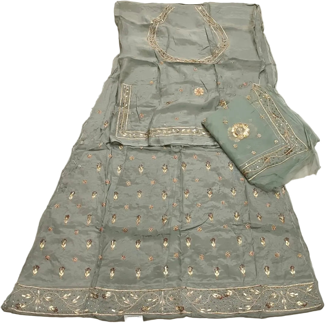 Rajputi Poshak – Ghevar Design Natural Crepe – Sage Green with Thakhurji Odhni – Ganga Rajputi Poshak, Bikaner