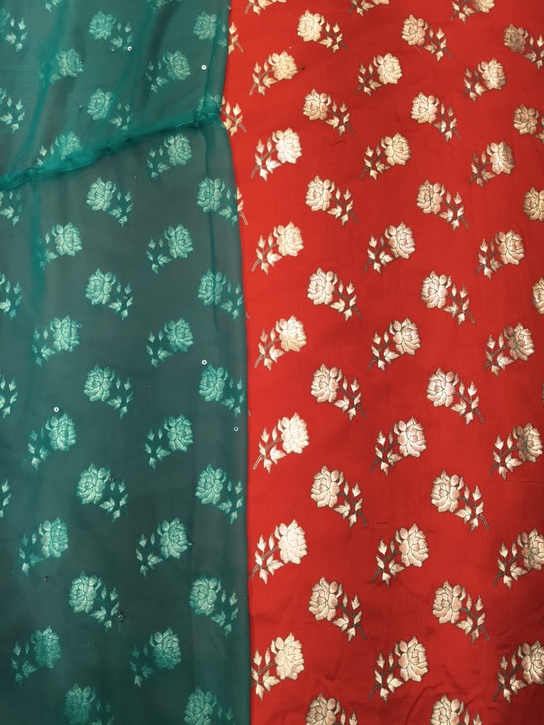 Rajputi Poshak-Rose Floral Richa Silk-Pink With Green Mukesh Taari Odhni
