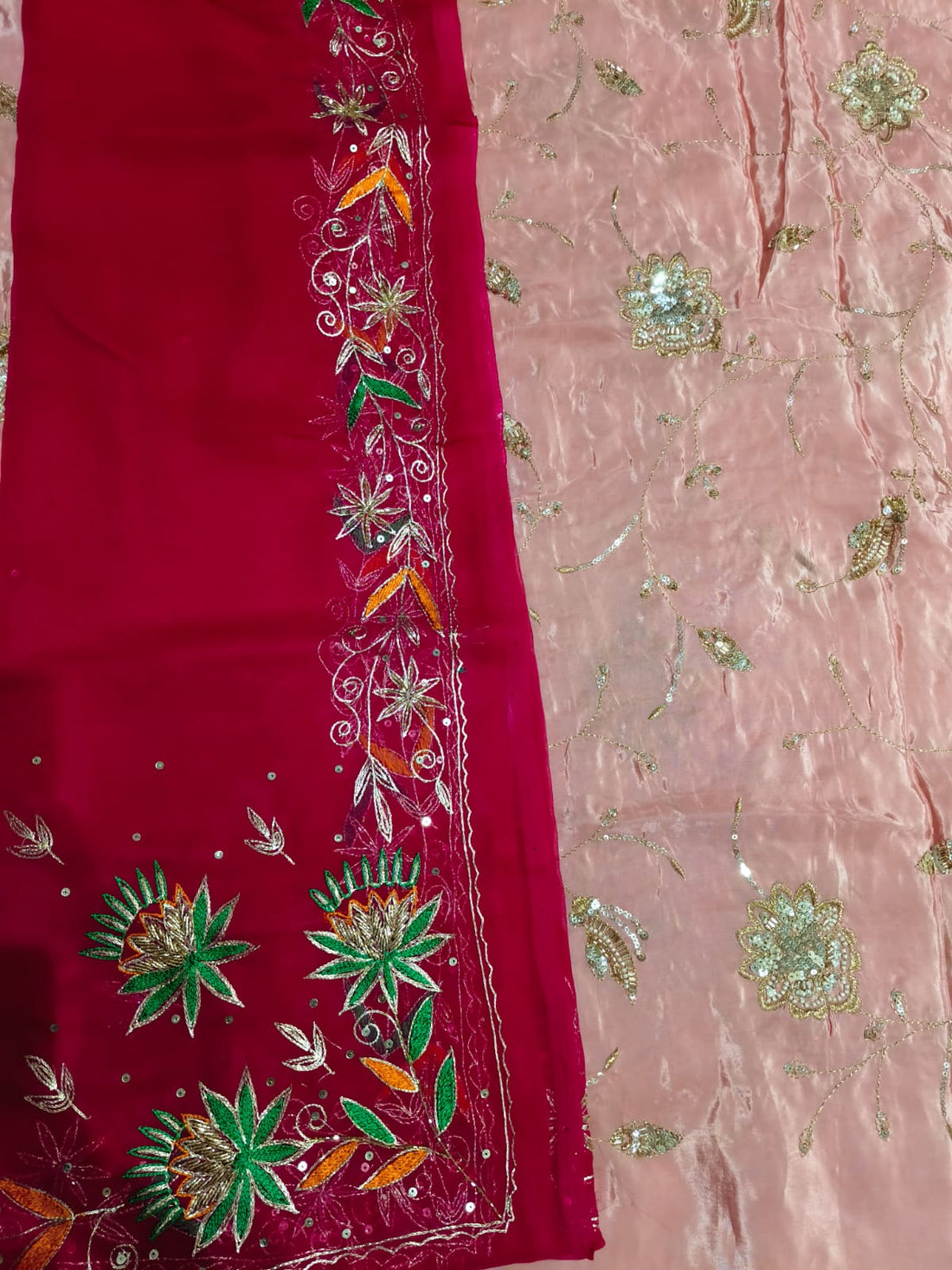 Rajputi Poshak – Cut Daana Natural Crepe – Rani Pink & Peach with Zardoji Odhni – Ganga Rajputi Poshak, Bikaner
