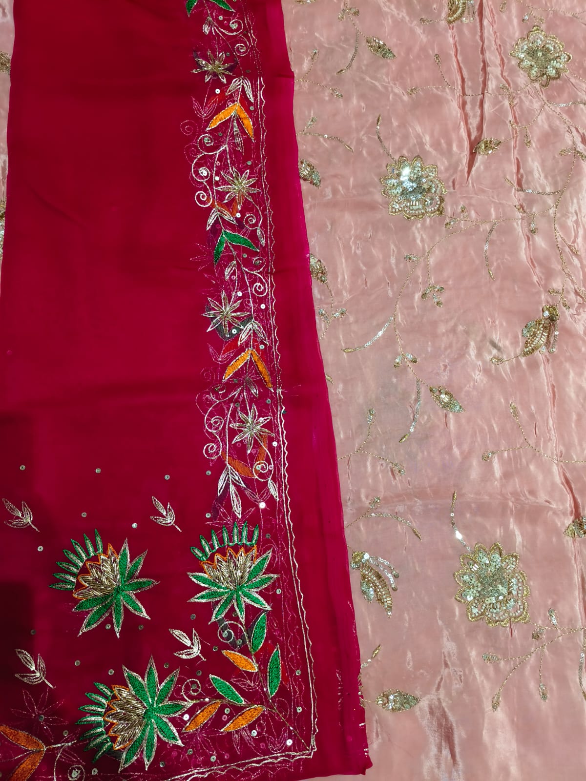 Rajputi Poshak – Cut Daana Natural Crepe – Rani Pink & Peach with Zardoji Odhni – Ganga Rajputi Poshak, Bikaner
