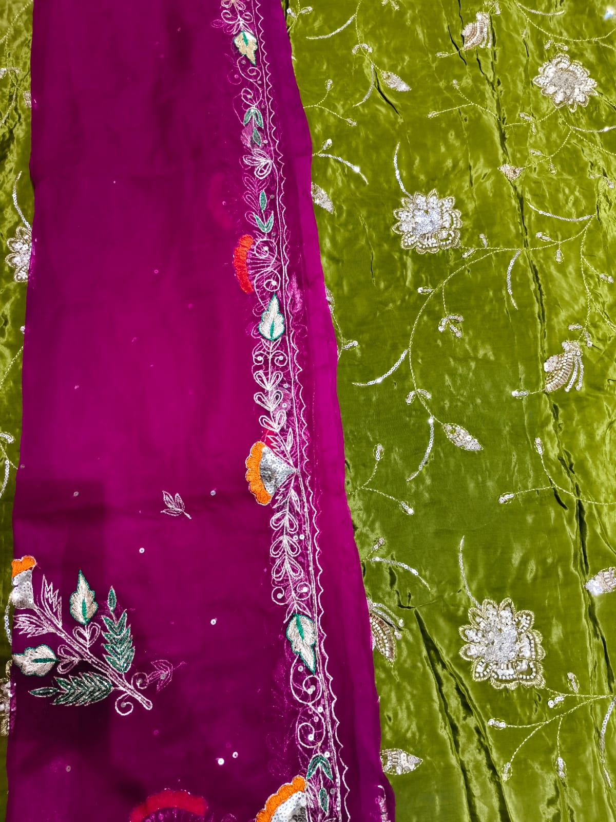 Rajputi Poshak – Cut Daana Natural Crepe – Rani Pink & Olive Green with Zardoji Odhni – Ganga Rajputi Poshak, Bikaner