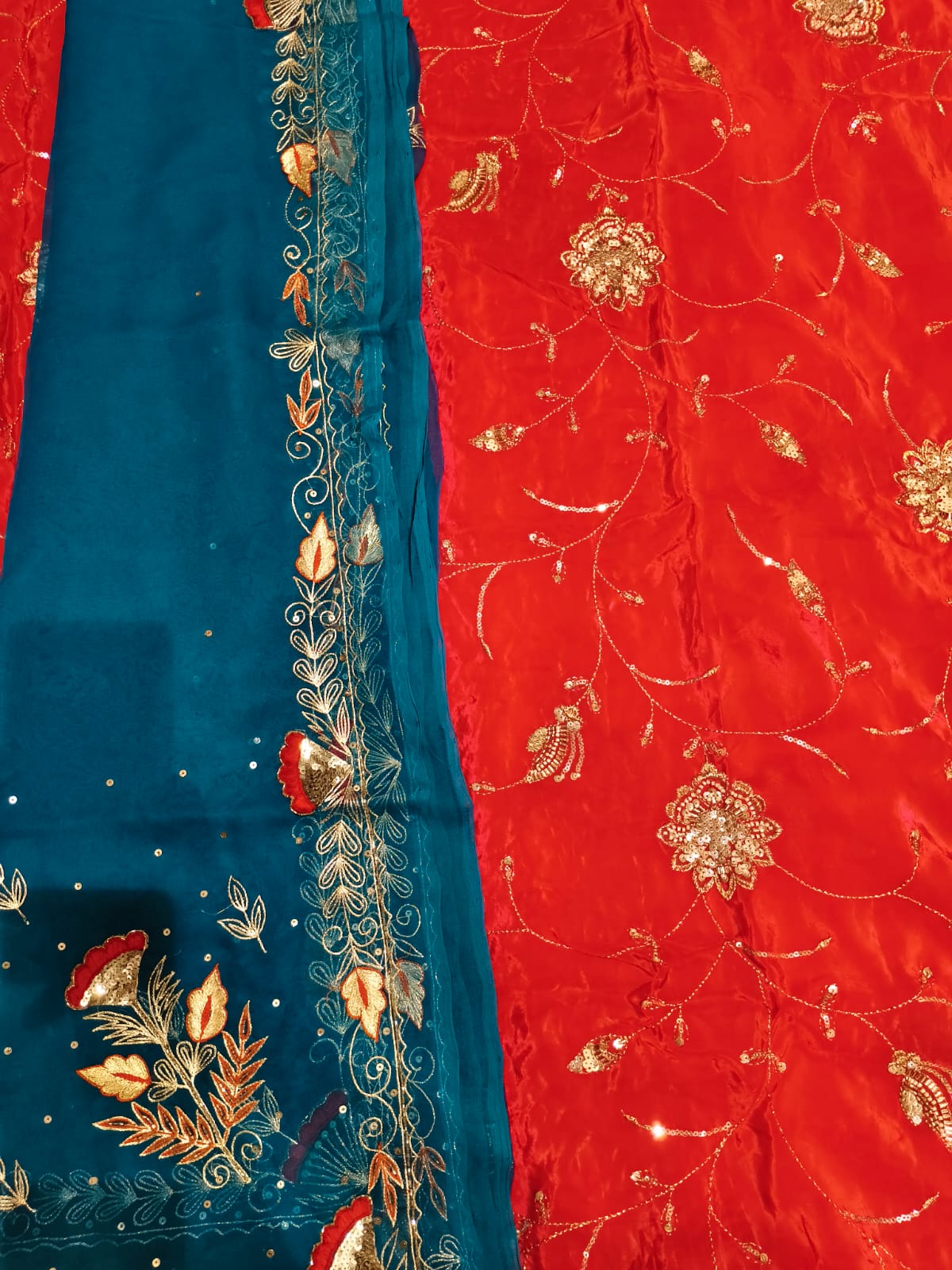 Rajputi Poshak – Cut Daana Natural Crepe – Red with Teal Zardoji Odhni – Ganga Rajputi Poshak, Bikaner