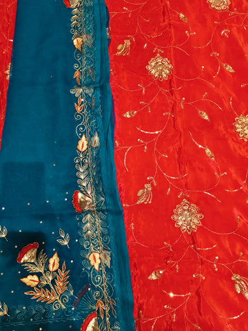 Rajputi Poshak – Cut Daana Natural Crepe – Red with Teal Zardoji Odhni – Ganga Rajputi Poshak, Bikaner