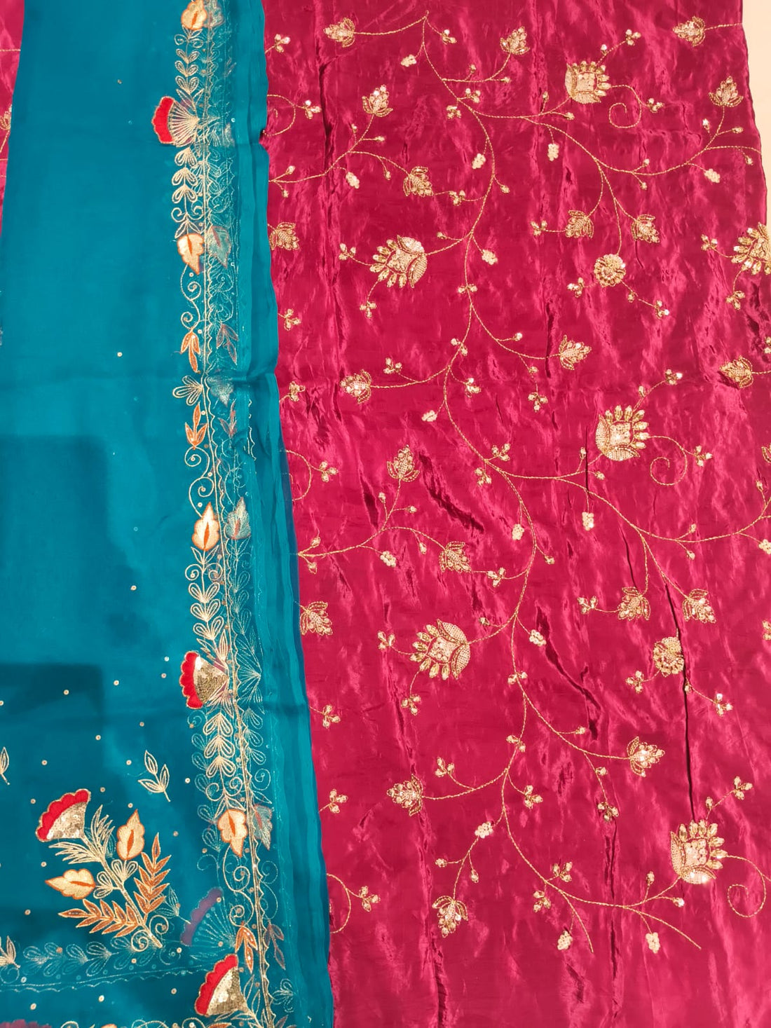 Rajputi Poshak – Cut Daana Natural Crepe – Pink with Teal Zardoji Odhni – Ganga Rajputi Poshak, Bikaner