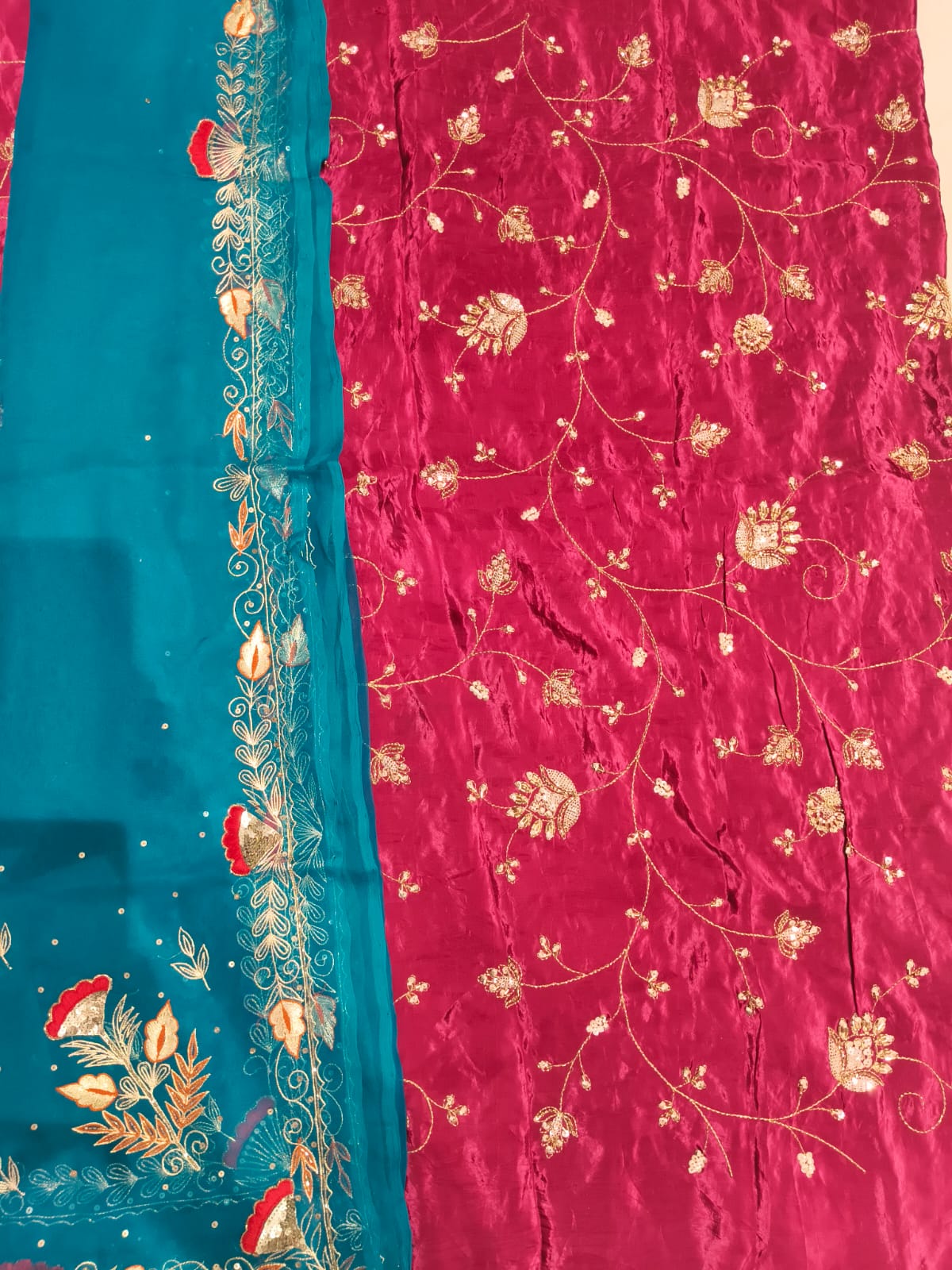 Rajputi Poshak – Cut Daana Natural Crepe – Pink with Teal Zardoji Odhni – Ganga Rajputi Poshak, Bikaner