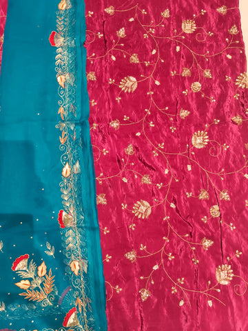 Rajputi Poshak – Cut Daana Natural Crepe – Pink with Teal Zardoji Odhni – Ganga Rajputi Poshak, Bikaner