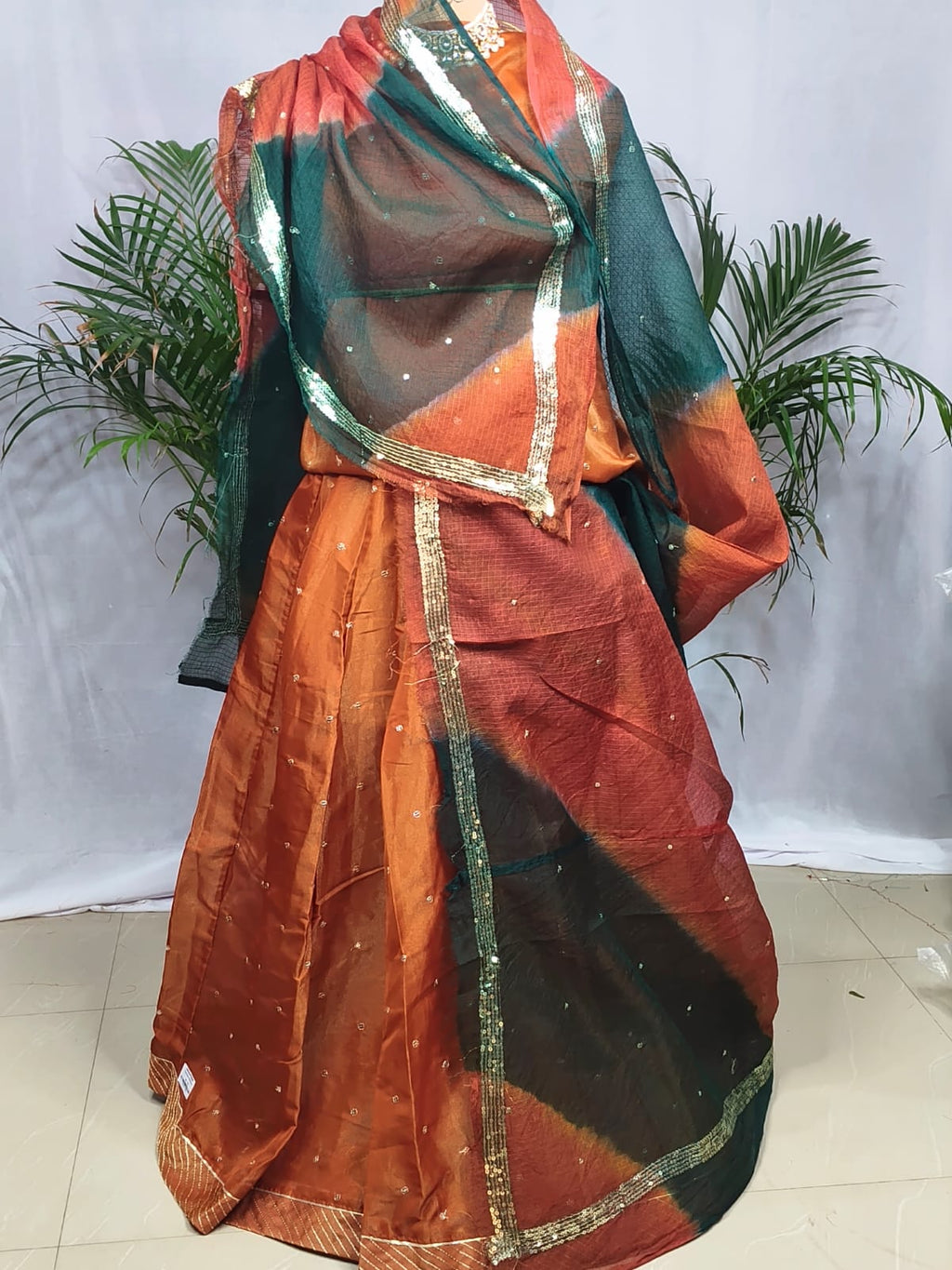Rajputi Poshak - Tissue Pure With Doria Odhni - Brown With Double Colour Doria Odhni