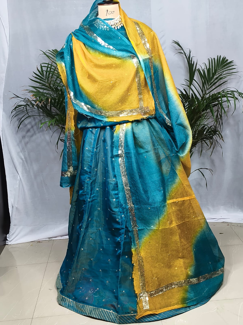Rajputi poshak - Tissue Pure with Doria Odhni - Steel Blue With Double Colour Doria Odhni