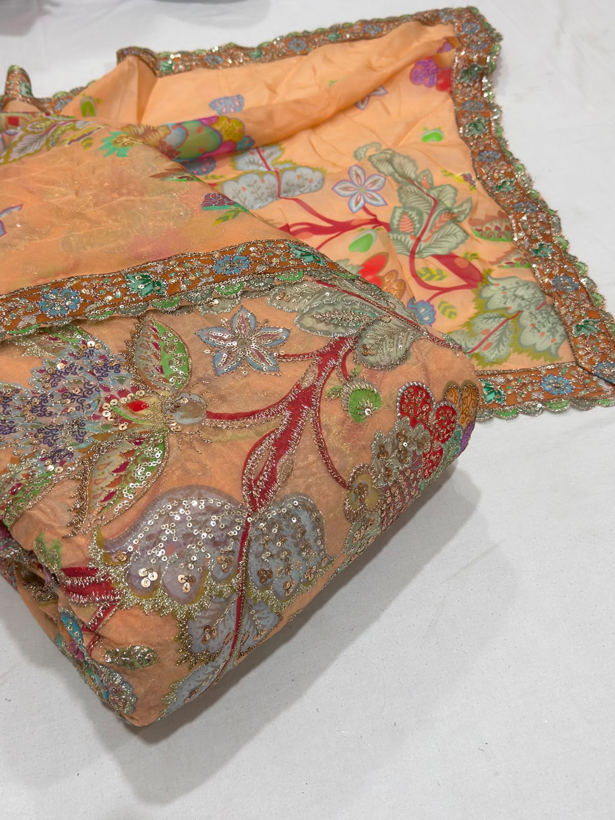 Rajputi Poshak - Organza Pure Fabric With Zari, Sequin Work - Peach With Same Colour Organza Odhni