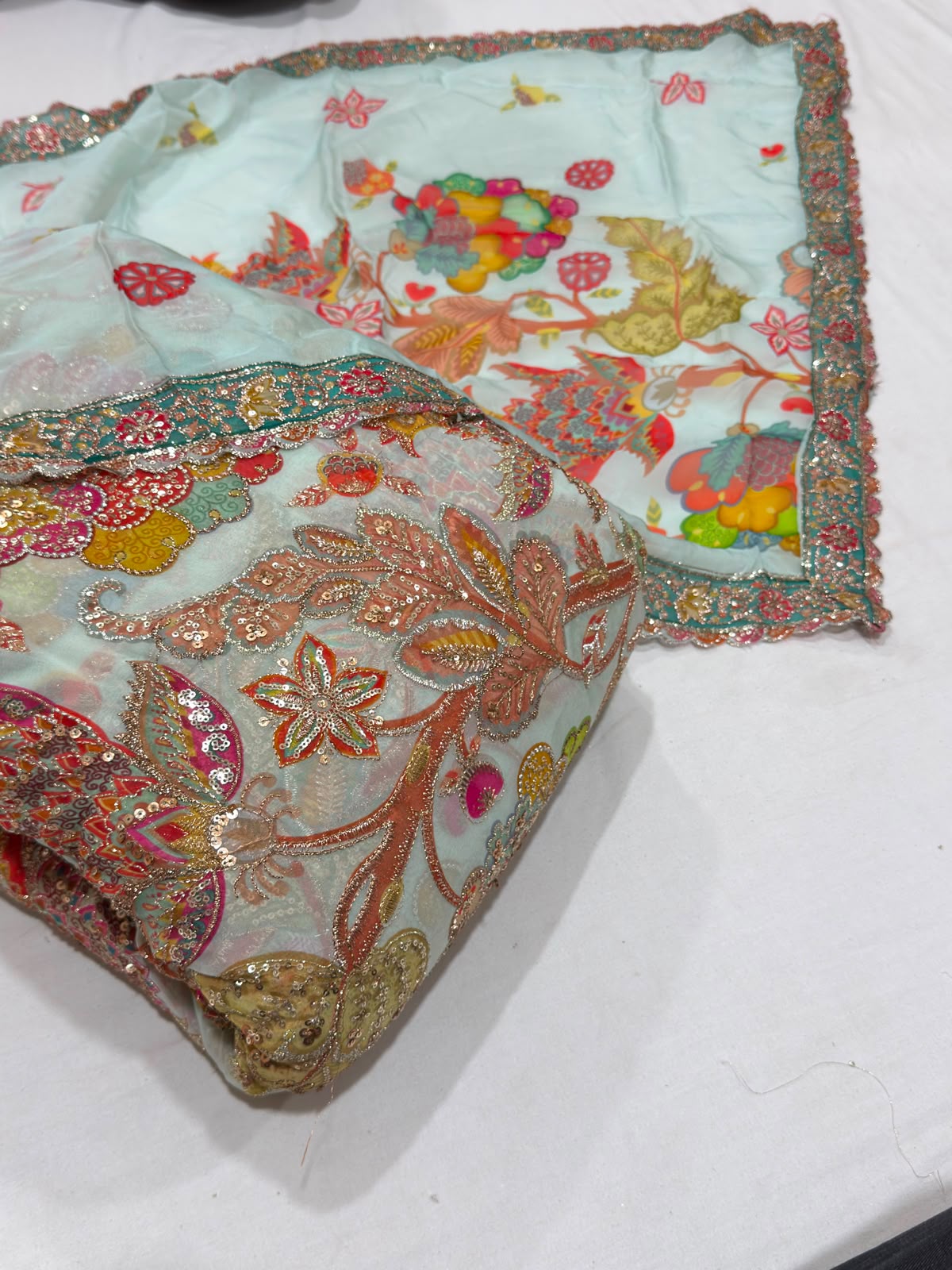 Rajputi Poshak - Organza Pure Fabric with Zari, Sequin Work - Mint Blue With Same Colour Organza Odhni