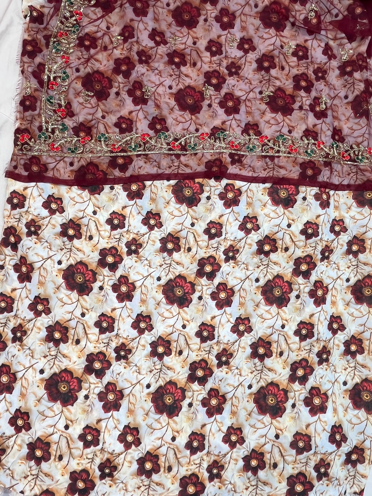 Rajputi Poshak - Roman Pure Silk With Print Work - Off White With Maroon Rajan Odhni