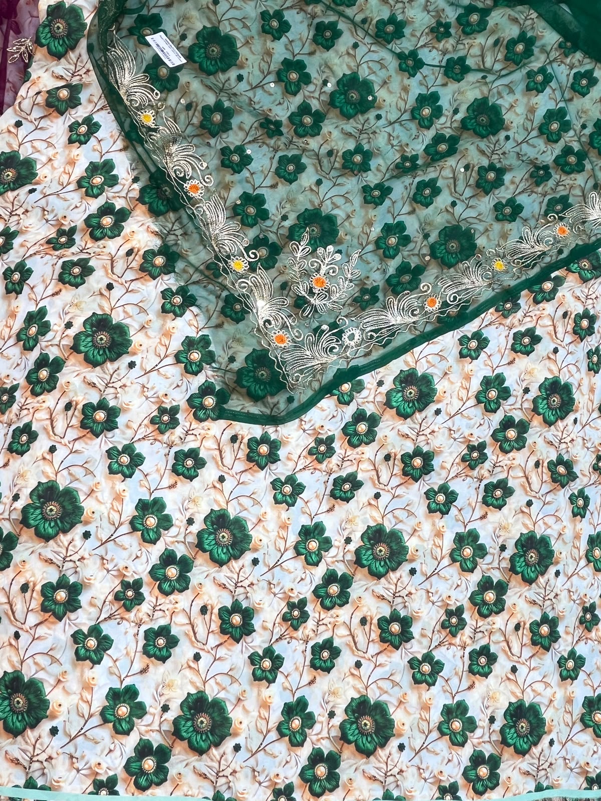 Rajputi Poshak - Roman Pure Silk With Print Work - Light Cream With Green Rajan Odhni