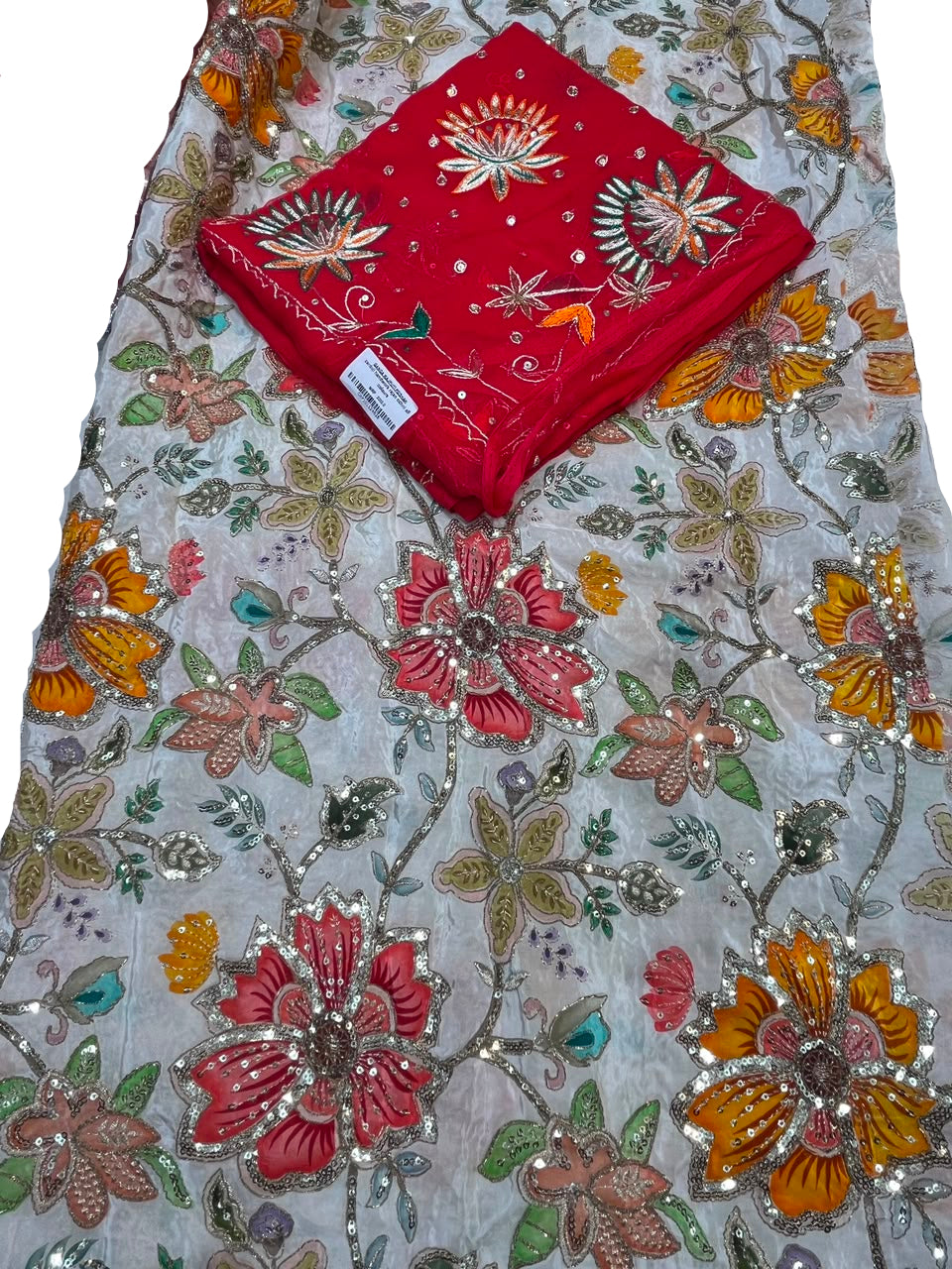 Rajputi Posak - Nanad Bhabhi Pure Kapda With Zari And Sequin -Light Grey / Off-White with Multicolor with Rani Pink / Bright Red Rajan Odhni
