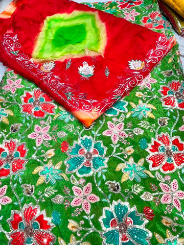 Rajputi Posak - Nanad Bhabhi Pure Kapda With Zari And Sequin  Work - Green With Red with Lime Green Tie-Dye/Shaded Odhni
