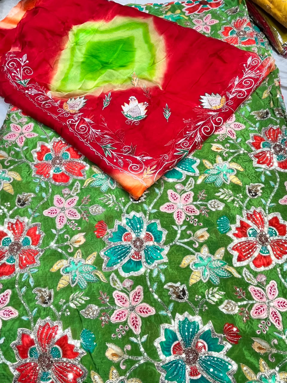Rajputi Posak - Nanad Bhabhi Pure Kapda With Zari And Sequin  Work - Green With Red with Lime Green Tie-Dye/Shaded Odhni