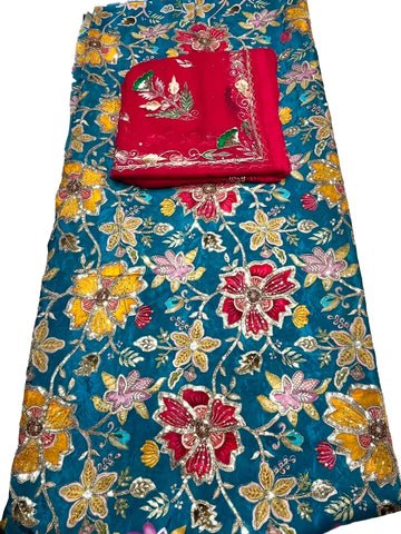 Rajputi Dress - Nanad Bhabhi Pure Kapda With Zari And Sequin Work - Teal Blue With Red  Rajan Odhni