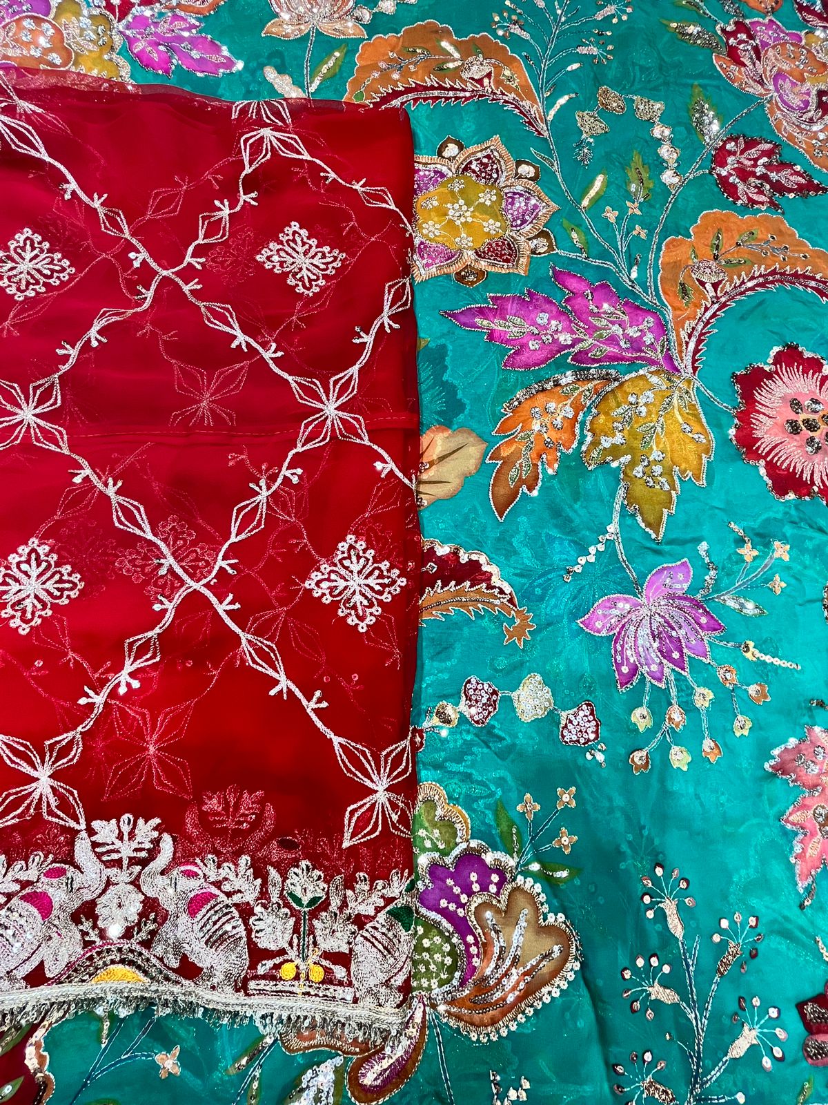 Rajputi Poshak - Organza Pure Fabric With Zari And Sequin Work - Rama Blue With Red Shekhawati Odhni