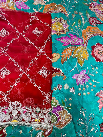 Rajputi Poshak - Organza Pure Fabric With Zari And Sequin Work - Rama Blue With Red Shekhawati Odhni