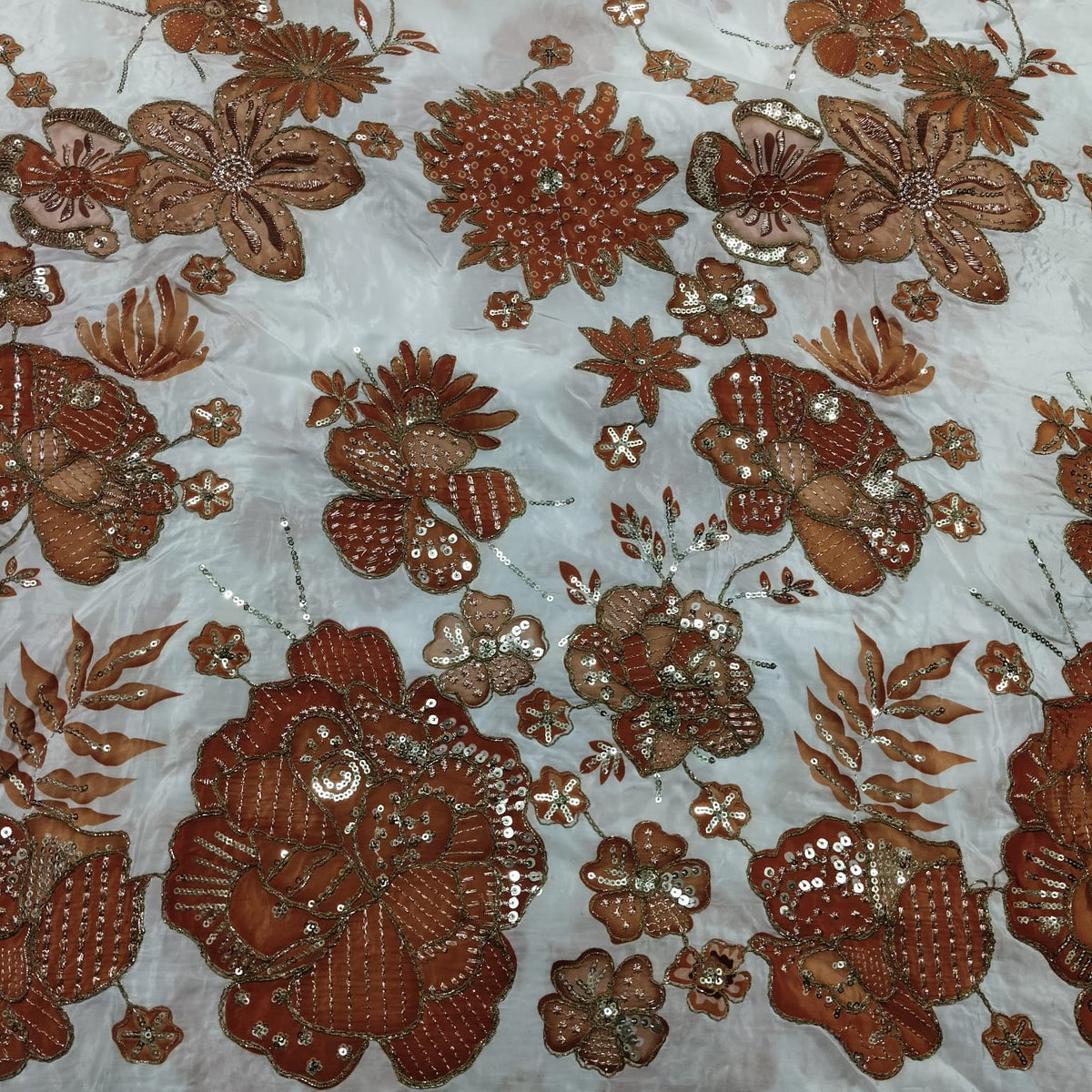Rajputi Dress - Natural Crepe Pure Fabric With Zari Work - Off White With Rust Orange Bunti
