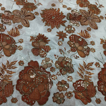 Rajputi Dress - Natural Crepe Pure Fabric With Zari Work - Off White With Rust Orange Bunti