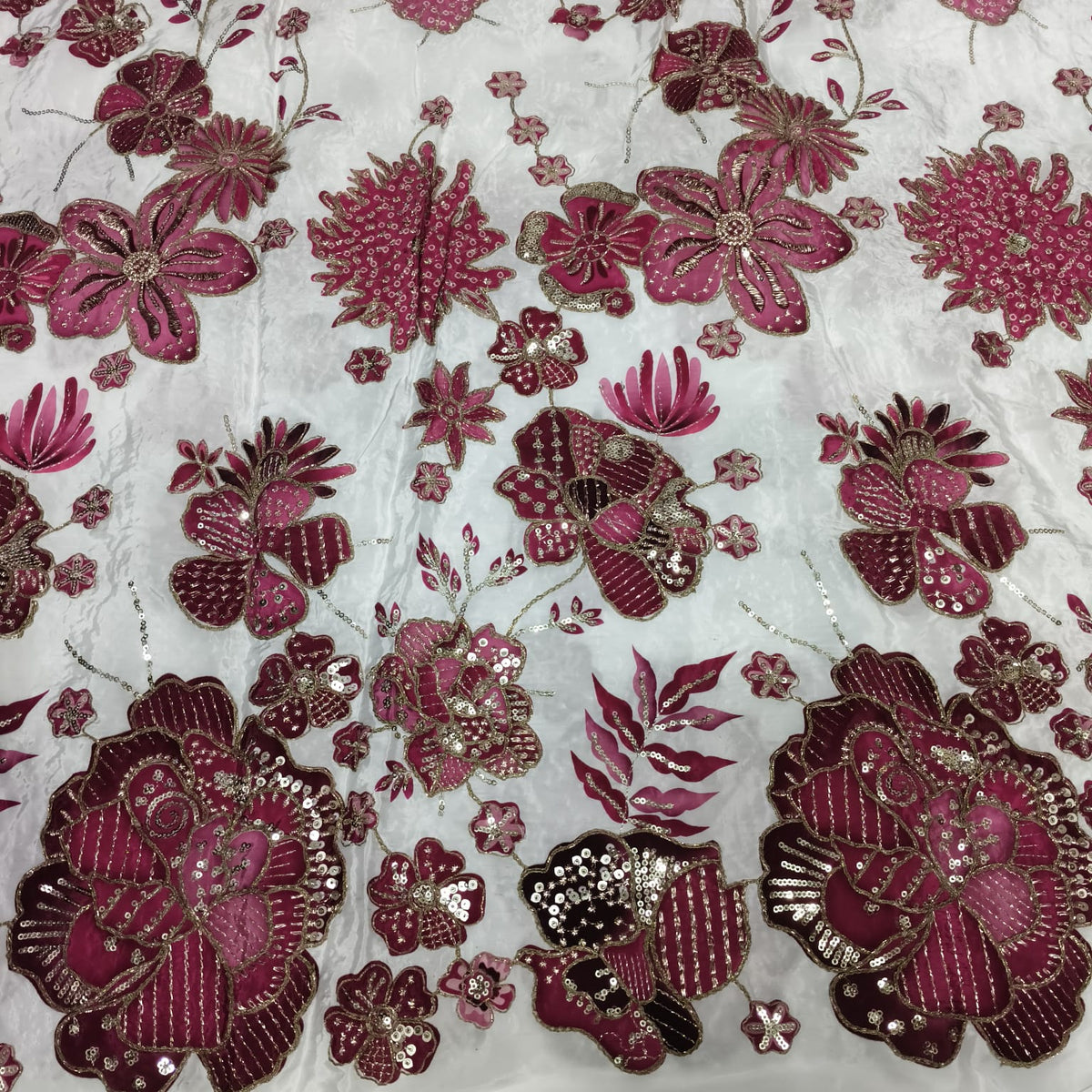 Rajputi Dress - Natural Crepe Pure Fabric With Zari Work - Off White With Maroon Pink Bunti