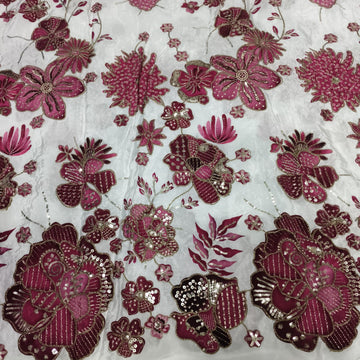 Rajputi Dress - Natural Crepe Pure Fabric With Zari Work - Off White With Maroon Pink Bunti
