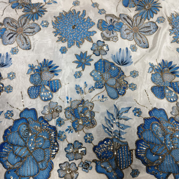 Rajputi Dress - Natural Crepe Pure Fabric With Zari Work - Off White With Blue Bunti
