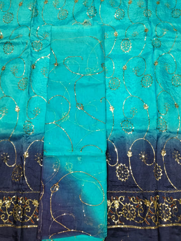 Rajputi Dress - Upada Silk Fabric With Sequin Work - Neavy Blue And Sky Blue Humrahi Odhni