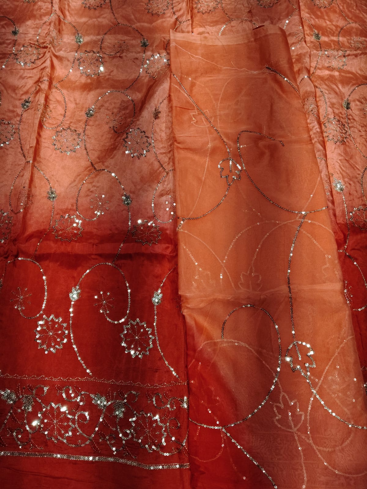 Rajputi Dress - Upada Silk Fabric With Sequin Work - Shaded Rust Orange With Humrahi Odhni