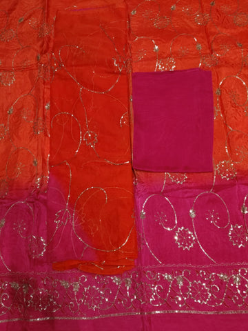 Rajputi Dress - Upada Silk Fabric With Sequin Work - Orange And Pink Humrahi Odhni