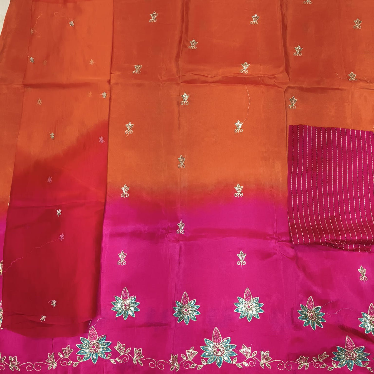 Rajputi Dress - Upada Silk Fabric With Zari Work - Orange And Rani Pink Bunti Humrahi Odhni