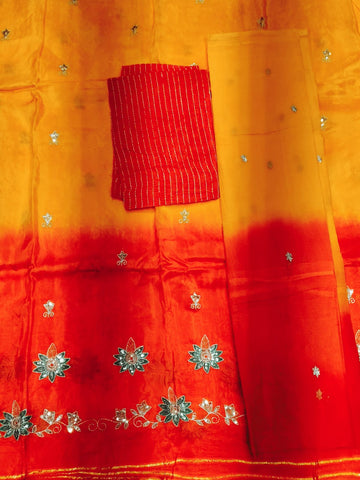 Rajputi Dress - Upada Silk Fabric Zari Work - Orange And Red Bunti Humrahi Odhni