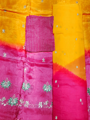 Rajputi Dress - Upada Silk Fabric Sequin Work - Yellow And Pink Bunti Humrahi Odhni