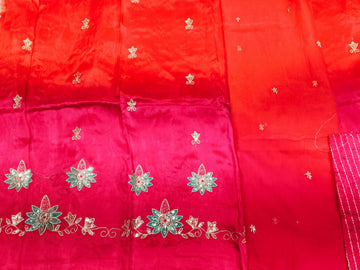 Rajputi Dress - Upada Silk Fabric Sequin Work - Red And Pink Bunti Humrahi Odhni