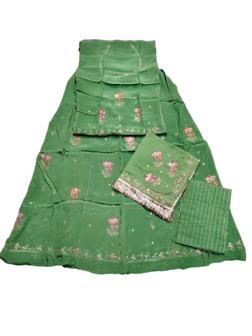 Rajputi Dress - Sunflower Natural Crepe pure Elaichi Poshak With Zari Work - Same Colour Pure Odhni