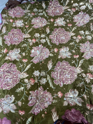 Rajputi Dress - Natural Crepe Pure With Zari, Sequin And Cut Daana Work - Olive Green Base With Pink & Mauve floral work