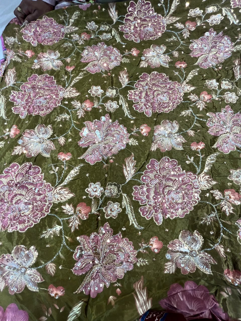 Rajputi Dress - Natural Crepe Pure With Zari, Sequin And Cut Daana Work - Olive Green Base With Pink & Mauve floral work