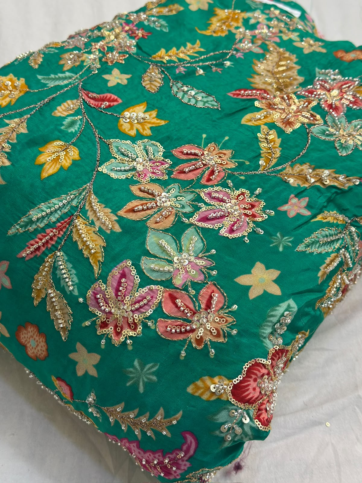Rajputi Dress - Natural Crepe Pure With Zari, Sequin And Cut Daana Work - Rama Green