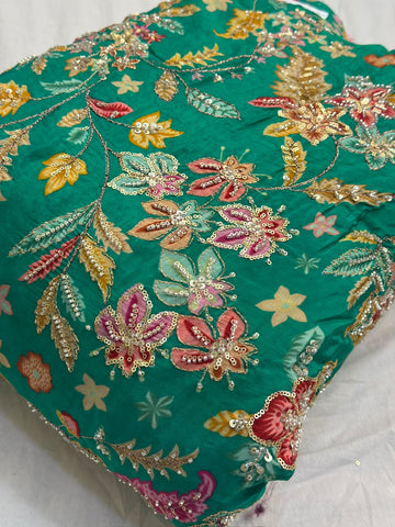 Rajputi Dress - Natural Crepe Pure With Zari, Sequin And Cut Daana Work - Rama Green
