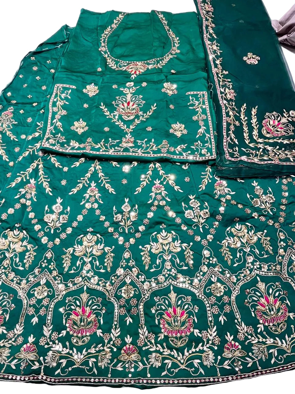 Rajputi Dress - Bember Satin With Zardozi, Dabka, Cut Dana & Aari Tari Handwork - Bottle Green  With Thakhurji Pure Odhni