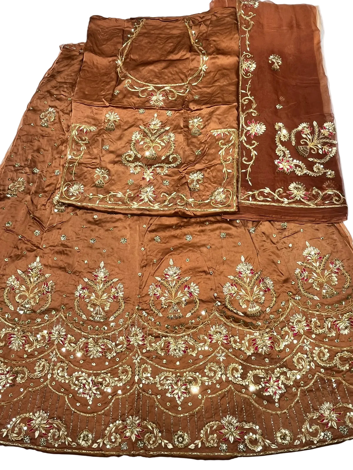 Rajputi Dress - Bember Satin With Zardozi, Dabka, Cut Dana & Aari Tari Handwork - Brown With Thakhurji Pure Odhni