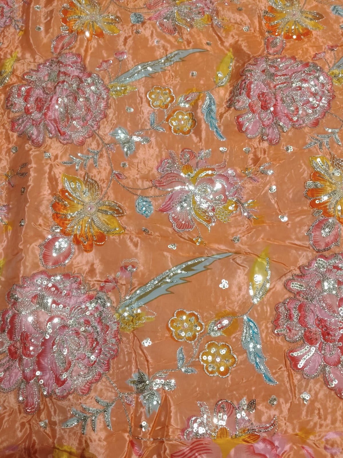 Rajputi Dress - Natural Crepe Pure With Zari And Sequin Work - Peach With Multicolour Floral