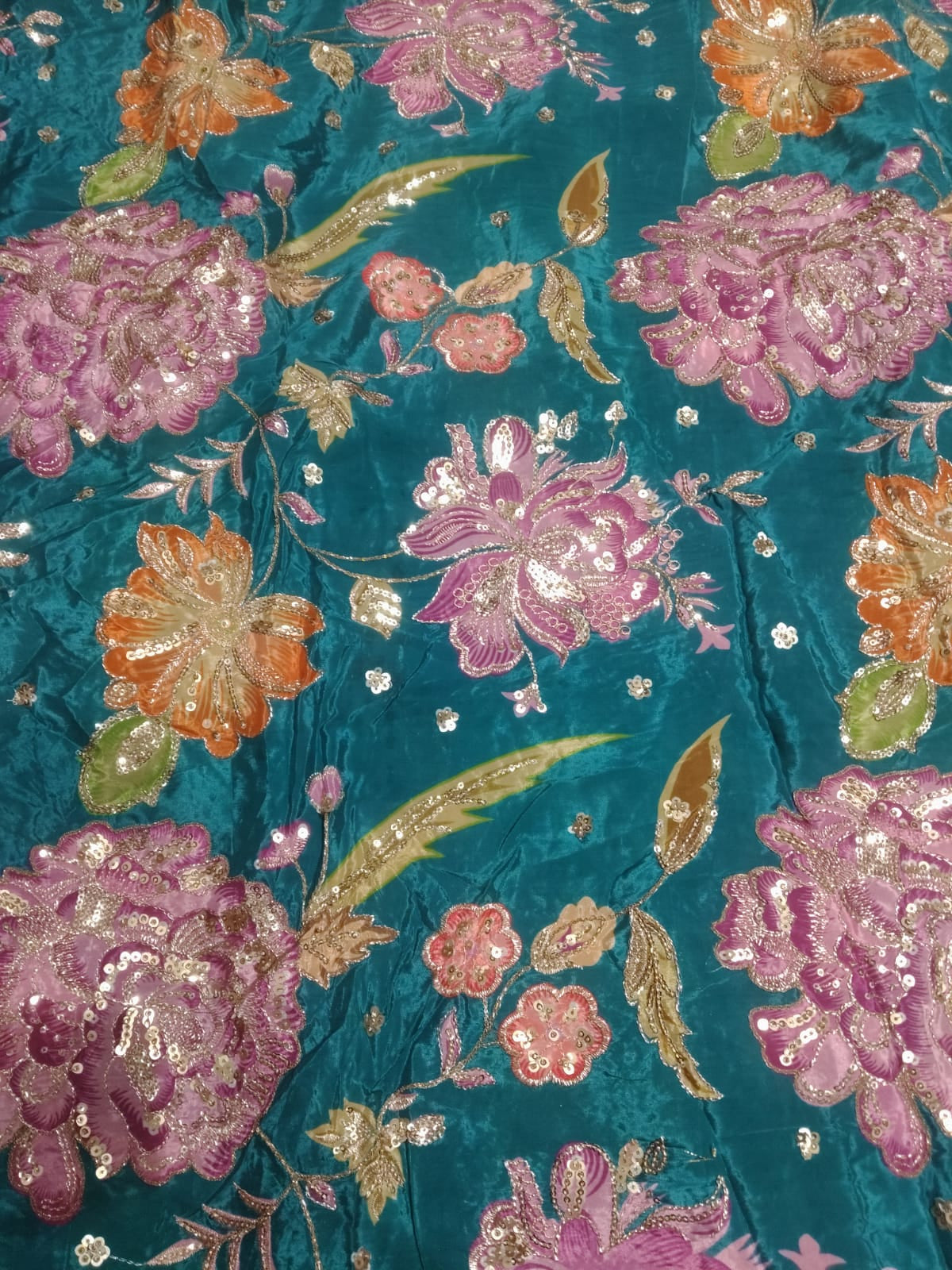 Rajputi Dress - Natural Crepe Pure With Zari And Sequin Work - Teal Blue With Multicolour Floral