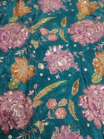 Rajputi Dress - Natural Crepe Pure With Zari And Sequin Work - Teal Blue With Multicolour Floral