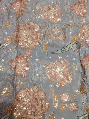Rajputi Dress - Natural Crepe Pure With Zari And Sequin Work - Dusty Blue With Multicolour Folaral