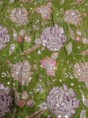 Rajputi Dress - Natural Crepe Pure With Zari And Sequin Work - Parrot Green With Multicolour Floral