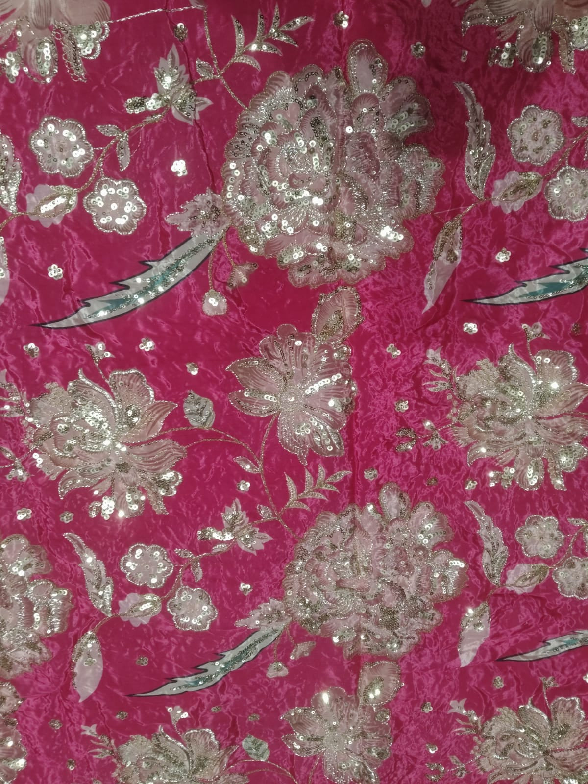 Rajputi Dress - Natural Crepe Pure With Zari And Sequin Work - Rani Pink With Multicolour Floral