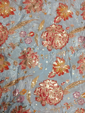 Rajputi Dress - Natural Crepe Pure With Zari And Sequin Work - Sky Blue With Multicolour Floral